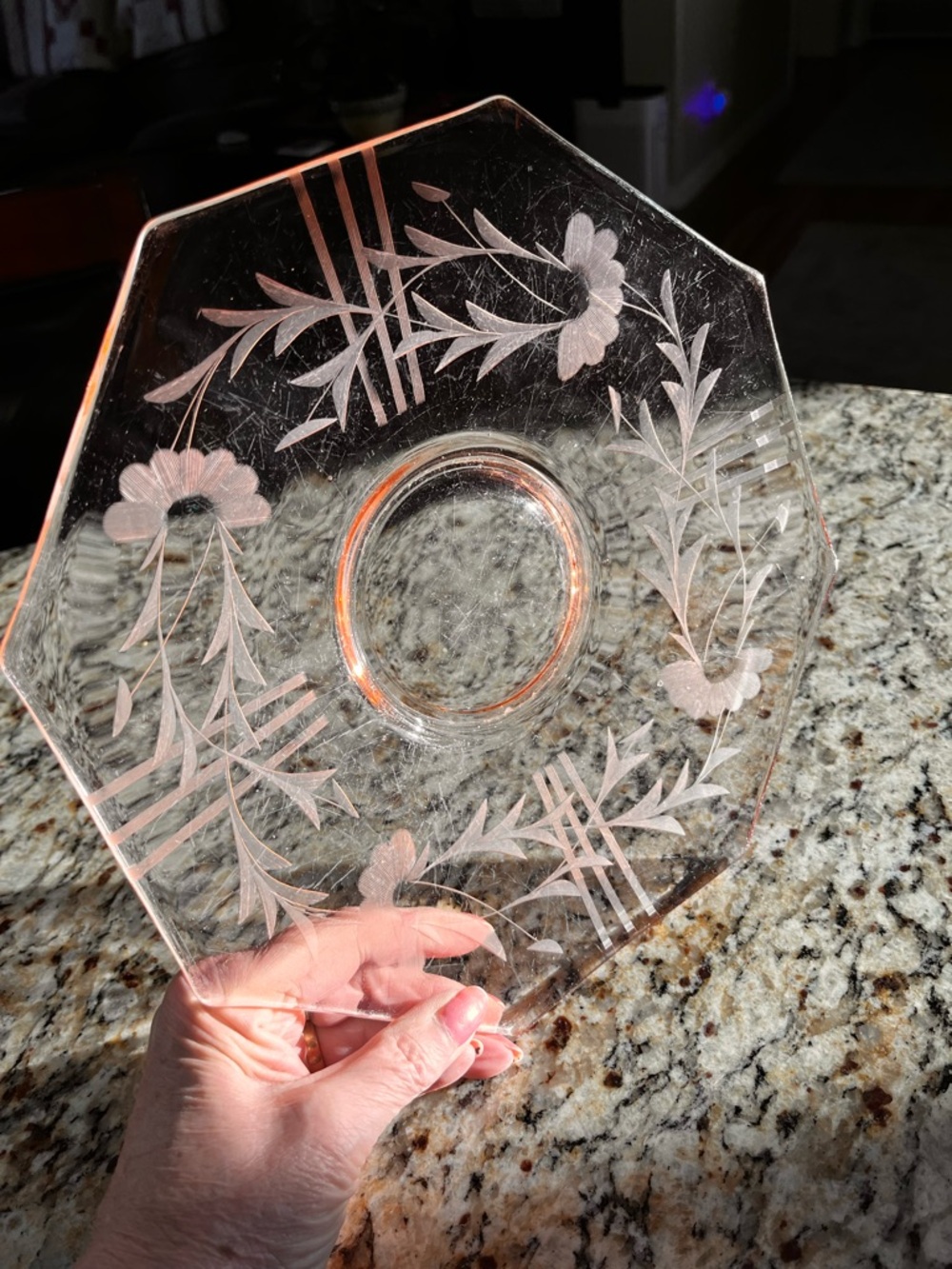 Vintage Pink Depression Glass Etched Floral Plate 10” Octagon Serving Dish